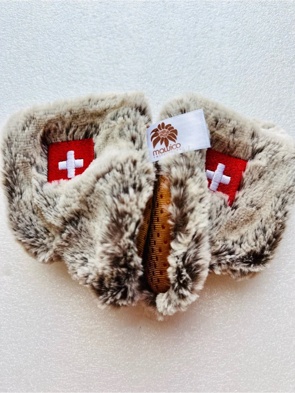 Cozy Kids Faux Fur Mittens in Light Brown with Red Sleepers